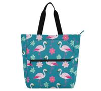 SyXIOP Bolsas para libros para niños, mujeres y hombres, elegante animal flamenco, melocotón, verde azulado, resistente a los arañazos, bolsa de biblioteca con bolsillos con cremallera para la escuela