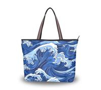 SyXIOP Bolso de mano de piel con cremallera de tela de seda Blue Wave Ukiyo-e de estilo japonés para mujer para uso diario y viajes, Estilo japonés Blue Wave Ukiyo-e, Large