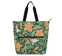 SyXIOP Bonita bolsa de libros para niños, mujeres y hombres, diseño vintage de flores de lirio naranja, hojas verdes, estilo William Morris, resistente al desgarro, bolsa para libros de biblioteca con