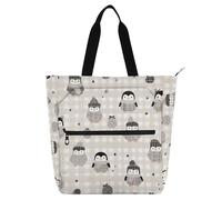 SyXIOP Bonita bolsa de libros para niños, mujeres y hombres, lindos pingüinos de dibujos animados grises con asas de tela, bolsa de compras reutilizable con cremallera para la escuela, compras