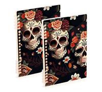 SyXIOP Cuaderno de tamaño A5 con diseño de calavera feliz de Halloween para parejas, margaritas, color negro, patrón vintage, 21 x 14,5 cm, cuadernos en espiral resistentes, 60 hojas para escuela y