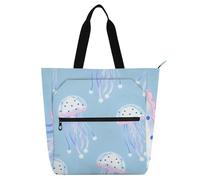 SyXIOP Lindas bolsas de mano para los amantes de los libros, bonitas medusas azules resistentes para profesores, bolsas de mano con bolsillos interiores para la escuela, compras, comestibles, tela