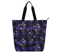 SyXIOP Lindas bolsas de mano para niños y niñas, mantas a cuadros perezosos, flores silvestres, negro y morado, bolsa de comestibles reutilizable resistente con bolsillos con cremallera para la
