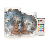 SyXIOP Puente de madera 3D globo de aire caliente decorativo parpadeante velas parpadeantes luces electrónicas mística con temporizador para noche nocturna funciona con pilas