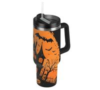 SyXIOP The Evil Yellow Pumpkin Castle on Halloween Botella de agua grande de boca ancha con tapa y pajilla decorativa para llevar, taza de café para agua, té helado o café, vasos para bebidas con tapa