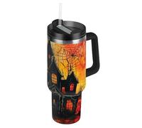 SyXIOP The Evil Yellow Pumpkin Castle on Halloween Botella de agua reutilizable al vacío de 40 onzas con tapa de pajita, taza decorativa de camping para el hogar, la oficina o el coche, vaso termo