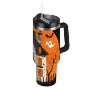 SyXIOP The Evil Yellow Pumpkin Castle on Halloween - Botellas de agua de boca ancha al vacío con pajilla, resistente a fugas, taza de café decorativa aislada para agua, té helado o café para té