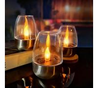 Syzplnwy Paquete de 3 velas de té con energía solar, velas LED sin llama para exteriores con efecto parpadeante, lámparas de mesa impermeables con sensor de atardecer a amanecer para decoración de