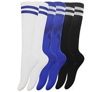 SZCXDKJ Paquete de 3 calcetines de fútbol para niños y jóvenes, compresión elástica, rayas sólidas, hasta la rodilla, calcetines de fútbol atléticos, talla única para niños y niñas