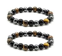 SZCXDKJ Pulsera de triple protección, 2 unidades, 8 mm, ojo de tigre, cuentas de hematita y obsidiana negra, pulsera de equilibrio de piedras preciosas, pulsera de protección, 17 centimeters, Caucho