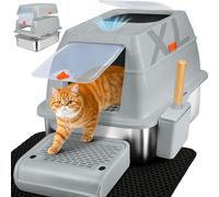SZEETECH Arenero para gatos grande XL de acero inoxidable con tapa, de acero inoxidable con tapa, caja para gatos cerrados, borde alto, dos entradas, pala + alfombrilla + paso de pedal, 60 x 40 x 39,5