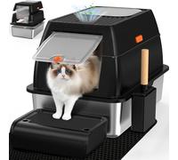 SZEETECH Bandeja de arena cubierta de acero inoxidable para gatos con filtro de carbón, XL, fácil de limpiar, resistente al olor, caja de arena de acero inoxidable con capucha, configuración de doble