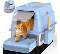 SZEETECH Caja de arena para gatos grande XL, acero inoxidable con tapa, caja de acero inoxidable, borde alto, dos entradas, pala, alfombrilla y escalón de pedal, 60 x 40 x 39,5 cm (azul)