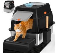 SZEETECH Caja de arena para gatos grande XL, acero inoxidable con tapa, caja de acero inoxidable, borde alto, dos entradas, pala, alfombrilla y escalón de pedal, 60 x 40 x 39,5 cm (negro)