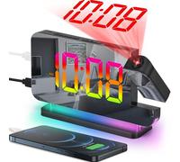 SZELAM Reloj despertador de proyección, relojes de espejo digital de 7.4 pulgadas, con proyector giratorio de 180°, luz nocturna RGB, puerto de carga USB C, regulador automático, reloj de escritorio