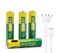 SZEMPTY Baterías recargables USB AAA, paquete de 4, 900 mWh (600 mAh), triple A, 1.5 V, batería recargable USB-C Pila con cable de carga USB-A a USB-C 4 en 1, más de 1200 ciclos.