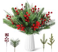Szhhrxi 60 Piezas Ramas de Pino Artificial de Navidad con Bayas Rojas, 4 Diseños: 3 Rama Abeto+ 1 Ramita Bayas, Ramas Decorativas Navidad para Corona de Adviento