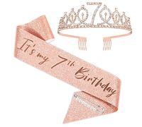 SZHUIHER Banda y tiara de cumpleaños número 7 para niñas, corona de cumpleaños de oro rosa, banda y tiara de cumpleaños número 7, regalos de 7º cumpleaños para fiesta de 7º cumpleaños
