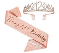 SZHUIHER Faja y tiara de 12 cumpleaños, corona de faja de cumpleaños de oro rosa, 12 fabulosas fajas y tiaras, regalos de 12 cumpleaños para felices fiestas de 12 cumpleaños