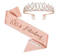 SZHUIHER Faja y tiara para cumpleaños número 100 - Corona de oro rosa y faja fabulosa para fiestas felices