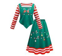 SZRXKJ Vestido de Navidad para niñas con mangas a rayas Diseño festivo con motivos navideños manga larga Vestido de princesa (verde, 140)