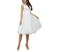 SZSFNMMY Vestido corto de tul para novia, con apliques de encaje, sin mangas, largo hasta la rodilla, vestido de novia para mujer, Blanco 1, 40
