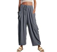 szvbofueck Pantalones de lino para mujer, pantalones de tela de cintura alta, holgados, transpirables, lisos, elásticos, pierna ancha, pantalones de verano, cintura elástica, pantalones casuales con