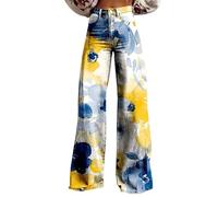 szvbofueck Pantalones vaqueros de los años 70 para mujer, cintura alta, holgados, holgados, pantalones vaqueros boho con flores, cómodos vaqueros para mujer, ropa de calle al aire libre, pantalones