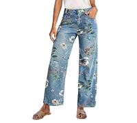 szvbofueck Pantalones vaqueros para mujer de pierna ancha, pantalones vaqueros holgados con estampado de flores, pantalones vaqueros elásticos lavados, pantalones vaqueros modernos pantalones vaqueros