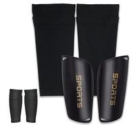 SZXMDKH Espinilleras de fútbol + Mangas de Alta Elasticidad para Adolescentes, niños y niñas, protección contra Lesiones (Negro), L