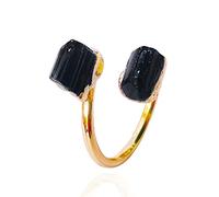 SZYDD Anillo de turmalina negra natural con incrustaciones de doble extremo, apertura irregular de piedra negra, joyería de dedo hecha a mano, tamaño ajustable, adecuado para hombres y mujeres