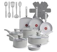T-Fal Refresh - Juego de utensilios de cocina antiadherentes de cerámica, 20 piezas, aptos para horno y asador hasta 176.7 °C, incluye olla, plancha, sartenes y utensilios, ollas y sartenes, gris luna