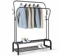 T-LOVENDO.ES Perchero Burro Doble Metálico Negro con Zapatero Inferior | Estante con Estructura Curva | Barra Colgador Resistente | Dormitorio Vestidor Entrada Organizador de Ropa y Zapatos