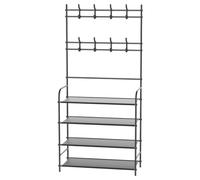 T-LOVENDO.ES Perchero zapatero con estantería y ganchos | Organizador de entrada para abrigos, bolsos y calzado | Mueble de metal resistente y funcional para recibidor. 150x60x26cm.