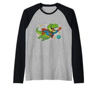 T-Rex de superhéroe volando a través del espacio - Dibujos animados divertidos Camiseta Manga Raglan
