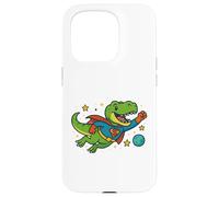 T-Rex de superhéroe volando a través del espacio - Dibujos animados divertidos Carcasa para iPhone 15 Pro