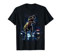 T-Rex Dinosaur Roaring City at Night Graphic Design Japanese Camiseta