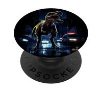 T-Rex Dinosaur Roaring City at Night Graphic Design Japanese PopSockets PopGrip Adhesivo