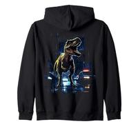 T-Rex Dinosaur Roaring City at Night Graphic Design Japanese Sudadera con Capucha