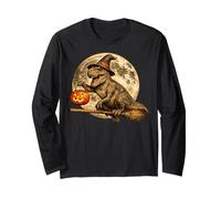 T-Rex Dinosaurio Dinosaurio Bruja Sombrero Jack O Lantern Moon Escoba Manga Larga