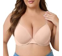 T Shirt Bra for Women Underwire Push Up Support Smooth Molded Cups Deep V (Khaki,XL)