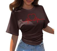 T Shirt Damen Elegant Damen T-Shirt mit V-Ausschnitt lässig Bebedruckt kurze Ärmel lockere Bluse Rotes Langarmshirt Damen Hippie Bluse Damen 70er Kurzarm T-Shirt, O Café., S
