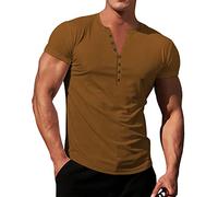 T Shirts Herren Schwarz Herren Strick Stretch Henley Shirt Workout Slim Fit Kurzarm T-Shirts Athletic Muscle Casual T-Shirt Dunkelgrau Tops, café, S