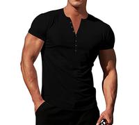 T Shirts Herren Schwarz Herren Strick Stretch Henley Shirt Workout Slim Fit Kurzarm T-Shirts Athletic Muscle Casual T-Shirt Dunkelgrau Tops, Negro , L