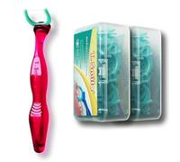 T.Smile NoFuss - Kit de hilo dental dental, mango largo de 5 pulgadas (1 mango rojo + 100 recambios)
