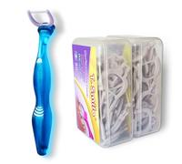 T.Smile Seniors NoFuss - Kit de hilo dental para personas mayores, mango de 5 pulgadas de largo y cabezales de repuesto, hilo dental flexible suave para encías sensibles, sin flúor, mango azul + 100