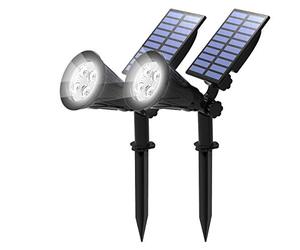 T-SUN 2 Unidades Foco Solar, Impermeable Luces Solares Exterior, 2 Modos de Iluminación Opcionales, ángulo de 180° Ajustable, Luz de Jardín para Entrada, Camino. (6000K)