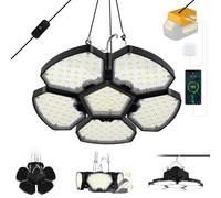 T-SUN Lámpara de Garaje 2500LM 65W, Foco LED Recargable para Batería de Dewalt 18V, 6000K Lámpara de Techo con 5+1 paneles Ajustables, Lampara Bateria para Camping Garaje Almacén Taller (Sin Batería)