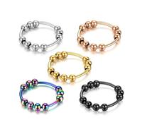 T TAKONE 5 anillos antiestrés - Anillo antiestrés con perlas de colores, alivio eficaz de la ansiedad y antiestrés, ideal como anillo de ansiedad para niñas y mujeres, L, Acero inoxidable, /