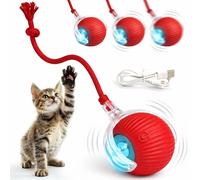 T TENEGIL Pelota Interactiva para Gatos, Juguete Electrónico Recargable USB, Rojo, con LED y Cuerda, Apto para Todo Tipo de Superficies